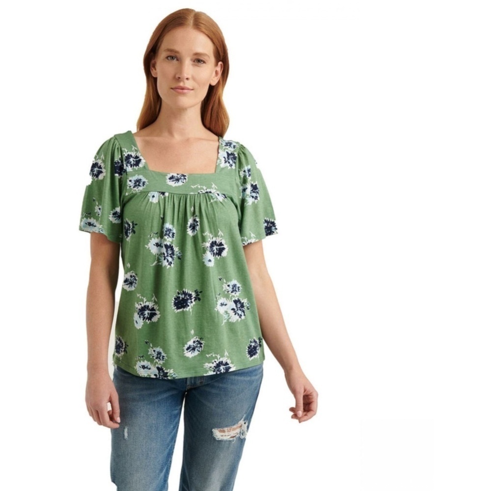 Lucky Brand green square neck floral top size XXL // 2024